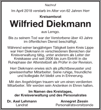 Anzeige  Wilfried Diekmann  Lippische Landes-Zeitung