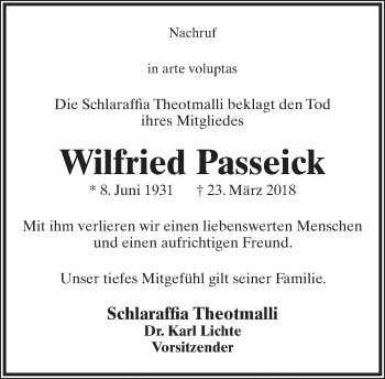 Anzeige  Wilfried Passeick  Lippische Landes-Zeitung