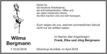 Anzeige  Wilma Bergmann  Lippische Landes-Zeitung
