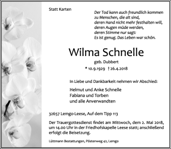 Anzeige  Wilma Schnelle  Lippische Landes-Zeitung