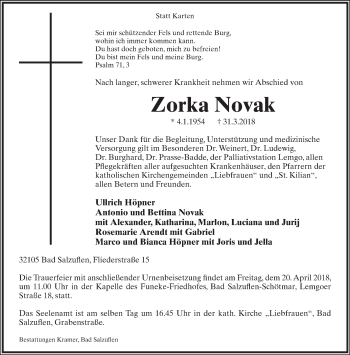 Anzeige  Zorka Novak  Lippische Landes-Zeitung