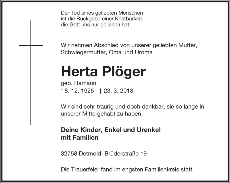  Traueranzeige für Herta Plöger vom 14.04.2018 aus Lippische Landes-Zeitung