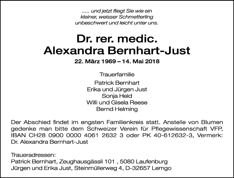  Traueranzeige für Alexandra Bernhart-Just vom 19.05.2018 aus Lippische Landes-Zeitung