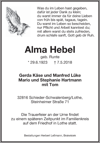 Anzeige  Alma Hebel  Lippische Landes-Zeitung