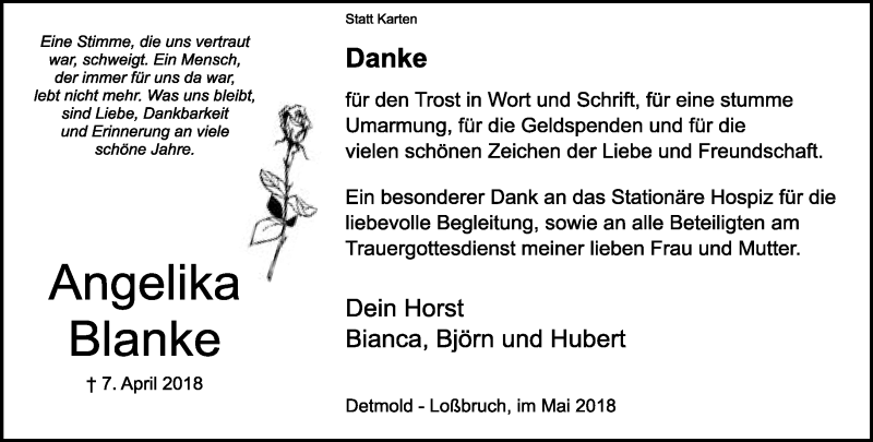  Traueranzeige für Angelika Blanke vom 19.05.2018 aus Lippische Landes-Zeitung