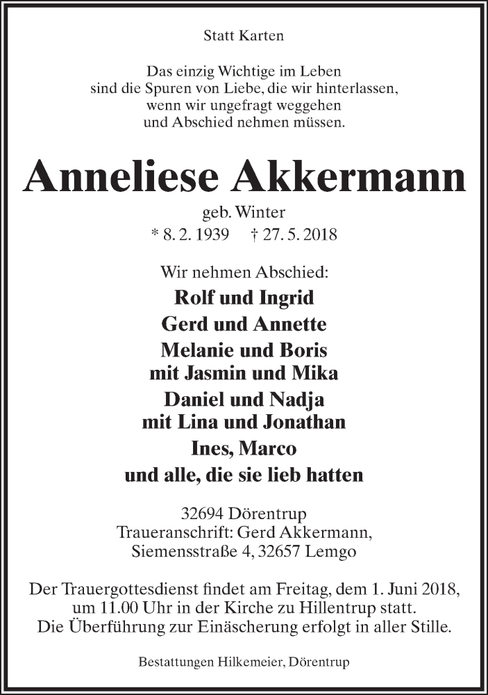  Traueranzeige für Anneliese Akkermann vom 29.05.2018 aus Lippische Landes-Zeitung