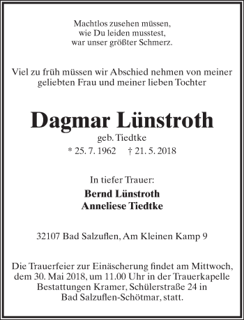 Anzeige  Dagmar Lünstroth  Lippische Landes-Zeitung