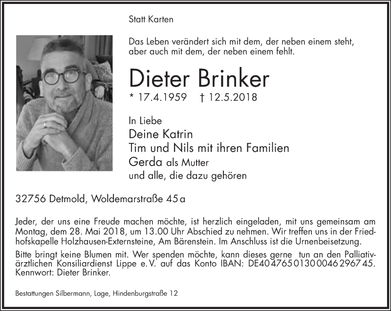 Traueranzeige für Dieter Brinker vom 19.05.2018 aus Lippische Landes-Zeitung
