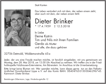 Anzeige  Dieter Brinker  Lippische Landes-Zeitung