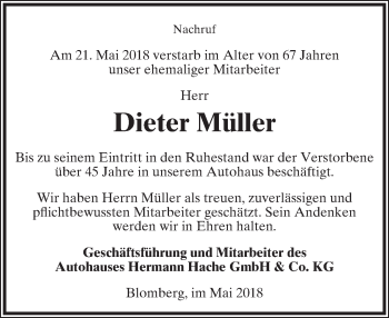 Anzeige  Dieter Müller  Lippische Landes-Zeitung