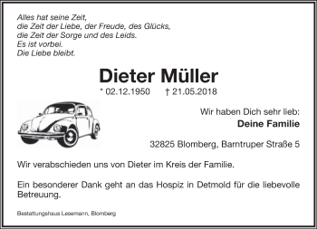 Anzeige  Dieter Müller  Lippische Landes-Zeitung
