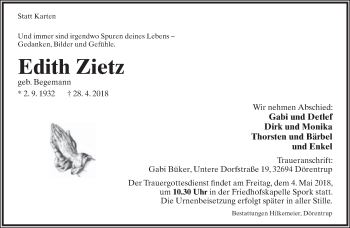 Anzeige  Edith Zietz  Lippische Landes-Zeitung