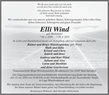 Anzeige  Elli Wind  Lippische Landes-Zeitung