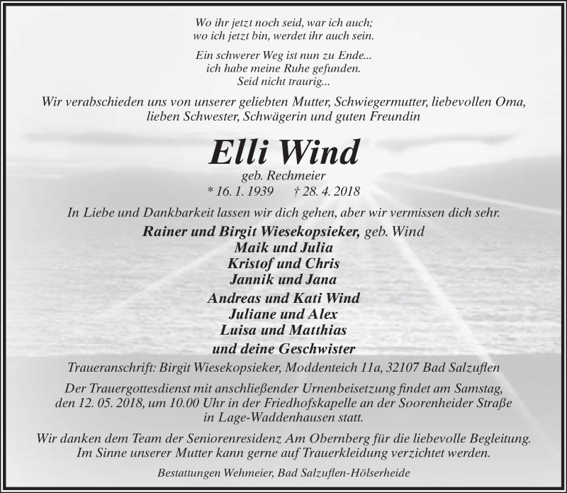  Traueranzeige für Elli Wind vom 05.05.2018 aus Lippische Landes-Zeitung