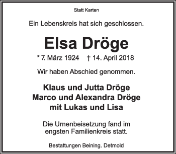 Anzeige  Elsa Dröge  Lippische Landes-Zeitung