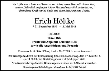 Anzeige  Erich Höltke  Lippische Landes-Zeitung
