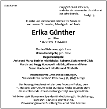 Anzeige  Erika Günther  Lippische Landes-Zeitung