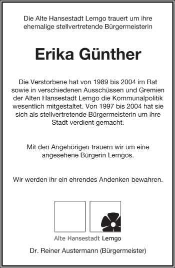 Anzeige  Erika Günther  Lippische Landes-Zeitung