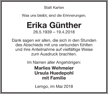 Anzeige  Erika Günther  Lippische Landes-Zeitung