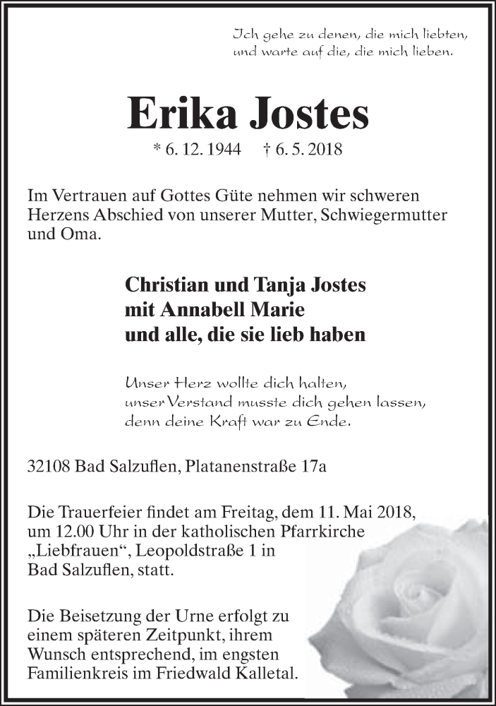  Traueranzeige für Erika Jostes vom 09.05.2018 aus Lippische Landes-Zeitung