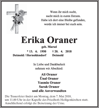Anzeige  Erika Oraner  Lippische Landes-Zeitung