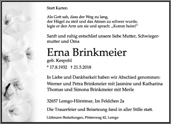 Anzeige  Erna Brinkmeier  Lippische Landes-Zeitung
