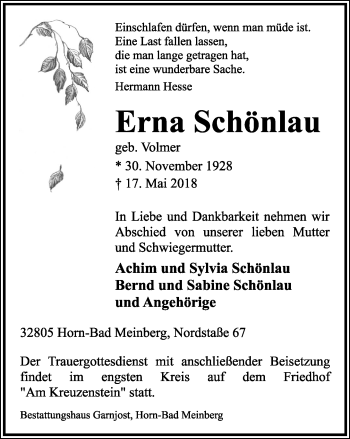 Anzeige  Erna Schönlau  Lippische Landes-Zeitung