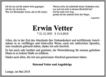 Anzeige  Erwin Vetter  Lippische Landes-Zeitung