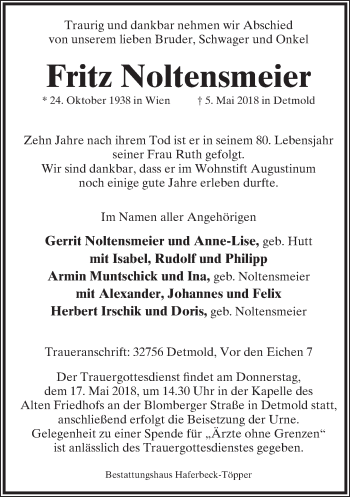 Anzeige  Fritz Noltensmeier  Lippische Landes-Zeitung