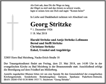 Anzeige  Georg Stritzke  Lippische Landes-Zeitung