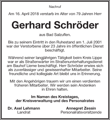 Anzeige  Gerhard Schröder  Lippische Landes-Zeitung