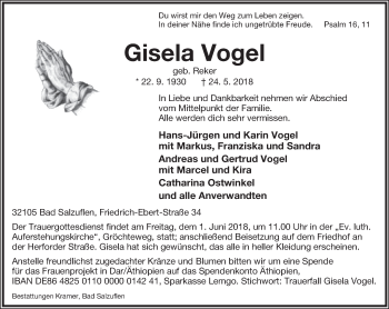 Anzeige  Gisela Vogel  Lippische Landes-Zeitung