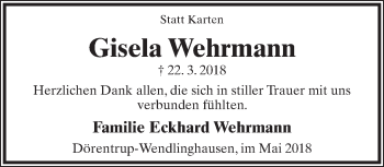 Anzeige  Gisela Wehrmann  Lippische Landes-Zeitung