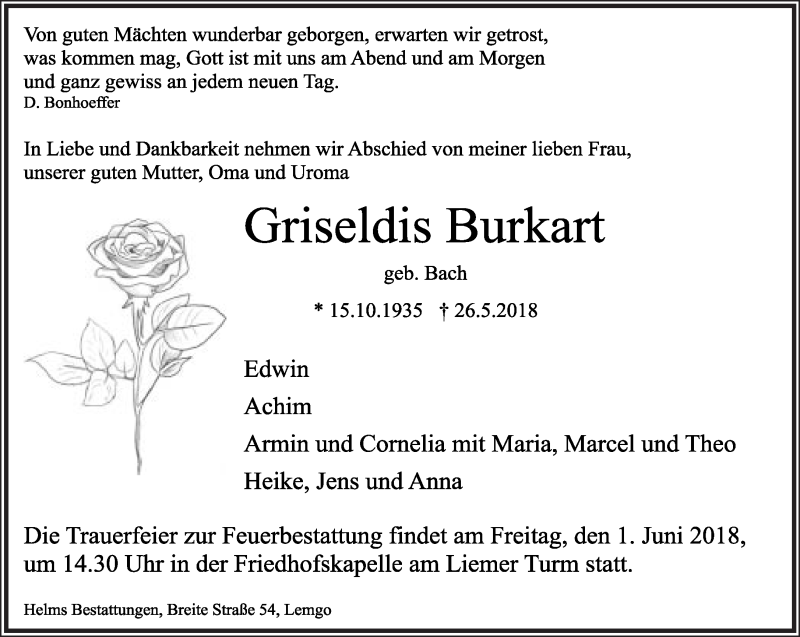  Traueranzeige für Griseldis Burkart vom 30.05.2018 aus Lippische Landes-Zeitung
