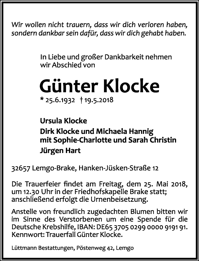  Traueranzeige für Günter Klocke vom 22.05.2018 aus Lippische Landes-Zeitung