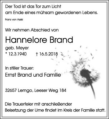 Anzeige  Hannelore Brand  Lippische Landes-Zeitung