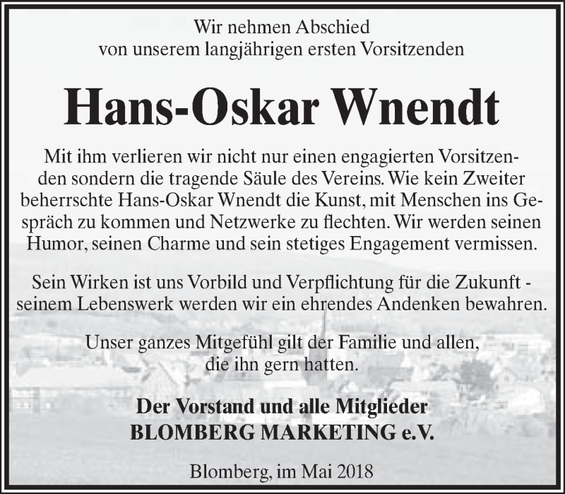  Traueranzeige für Hans-Oskar Wnendt vom 09.05.2018 aus Lippische Landes-Zeitung