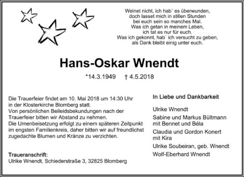  Traueranzeige für Hans-Oskar Wnendt vom 08.05.2018 aus Lippische Landes-Zeitung