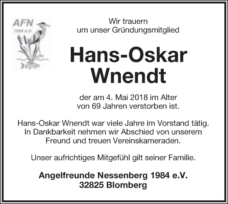  Traueranzeige für Hans-Oskar Wnendt vom 09.05.2018 aus Lippische Landes-Zeitung