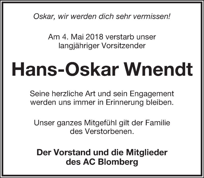  Traueranzeige für Hans-Oskar Wnendt vom 10.05.2018 aus Lippische Landes-Zeitung