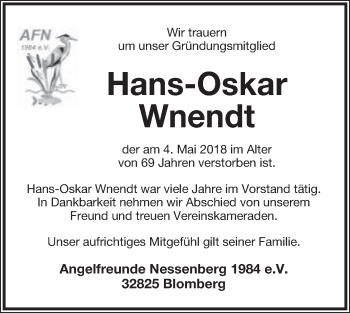 Anzeige  Hans-Oskar Wnendt  Lippische Landes-Zeitung