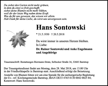 Anzeige  Hans Sontowski  Lippische Landes-Zeitung