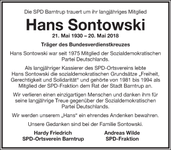 Anzeige  Hans Sontowski  Lippische Landes-Zeitung