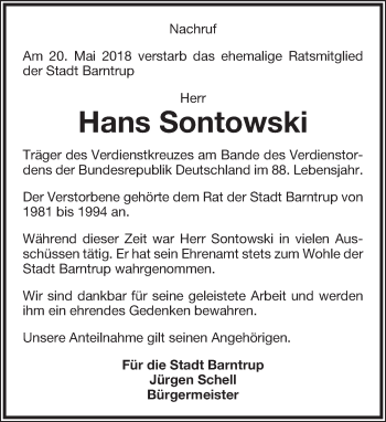 Anzeige  Hans Sontowski  Lippische Landes-Zeitung