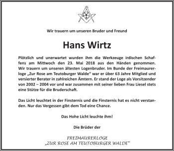 Anzeige  Hans Wirtz  Lippische Landes-Zeitung