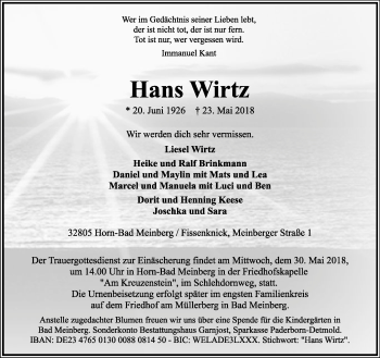 Anzeige  Hans Wirtz  Lippische Landes-Zeitung