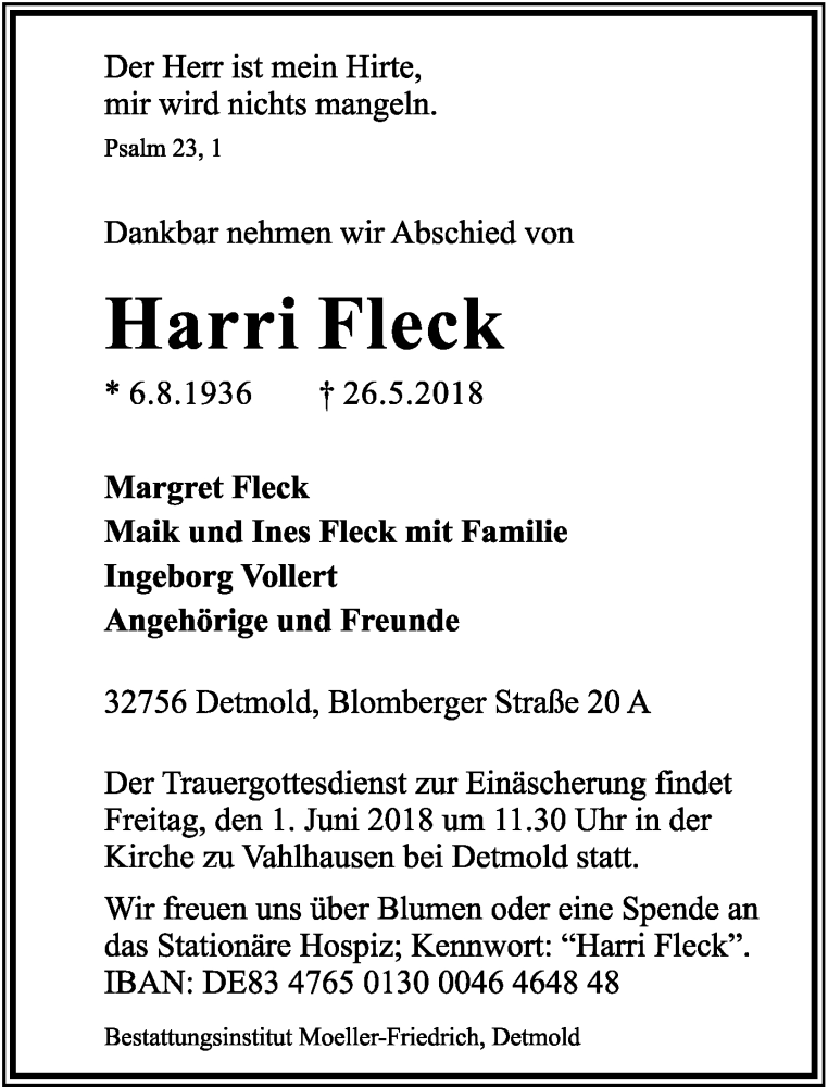  Traueranzeige für Harri Fleck vom 30.05.2018 aus Lippische Landes-Zeitung