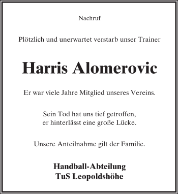 Anzeige  Harris Alomerovic  Lippische Landes-Zeitung