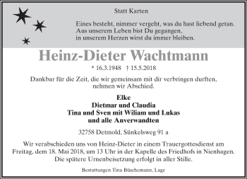 Anzeige  Heinz-Dieter Wachtmann  Lippische Landes-Zeitung