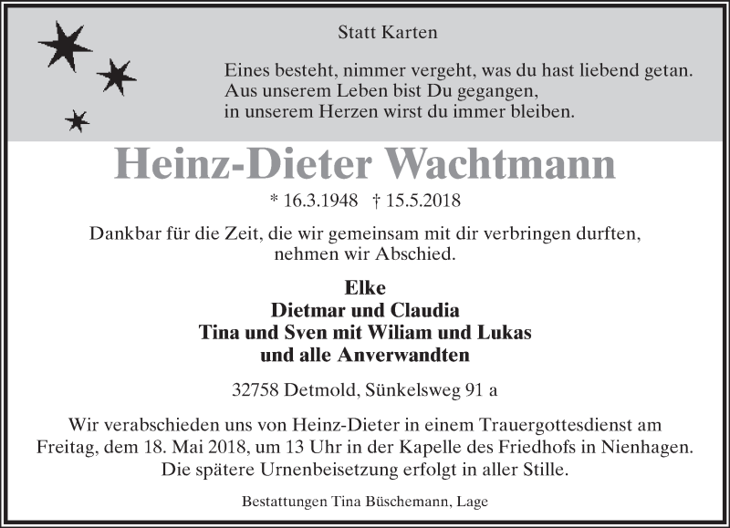  Traueranzeige für Heinz-Dieter Wachtmann vom 16.05.2018 aus Lippische Landes-Zeitung